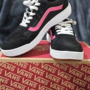 Vans Kids Black Suede Sneakers with Pink Side Stripe